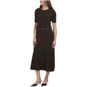 ELIE TAHARI Cashmere Elbow Sleeve Crew Neck Logo Belted Rib Midi Dress